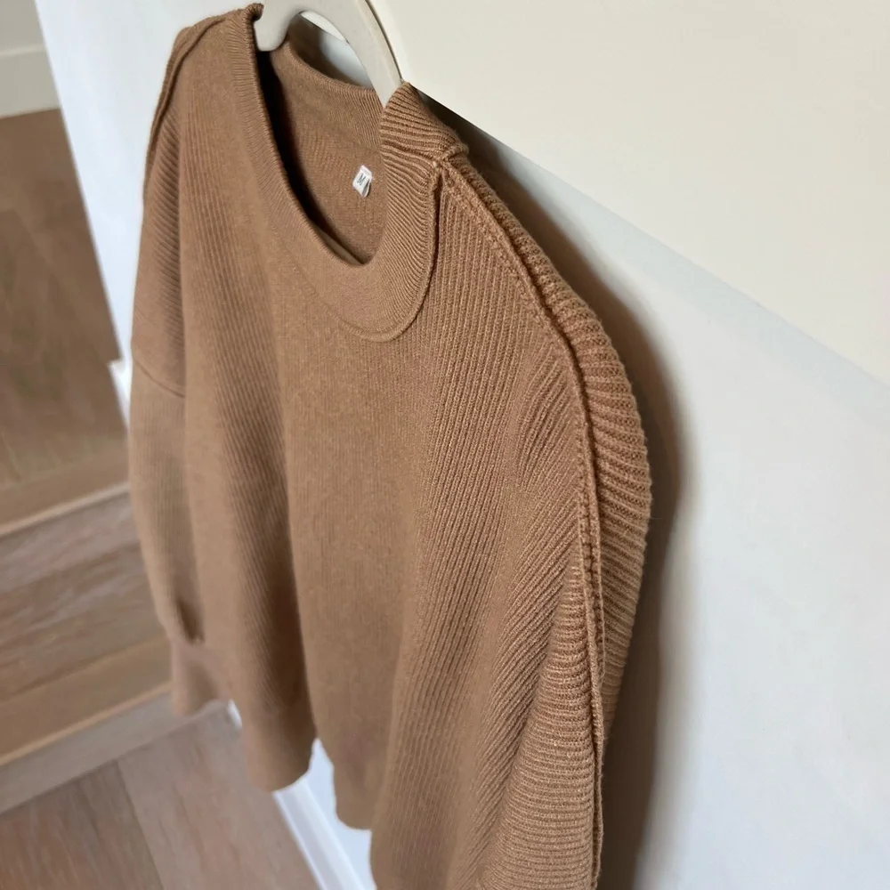 Brown/ Tan Crewneck Batwing Oversized Ribbed Pullover Sweater